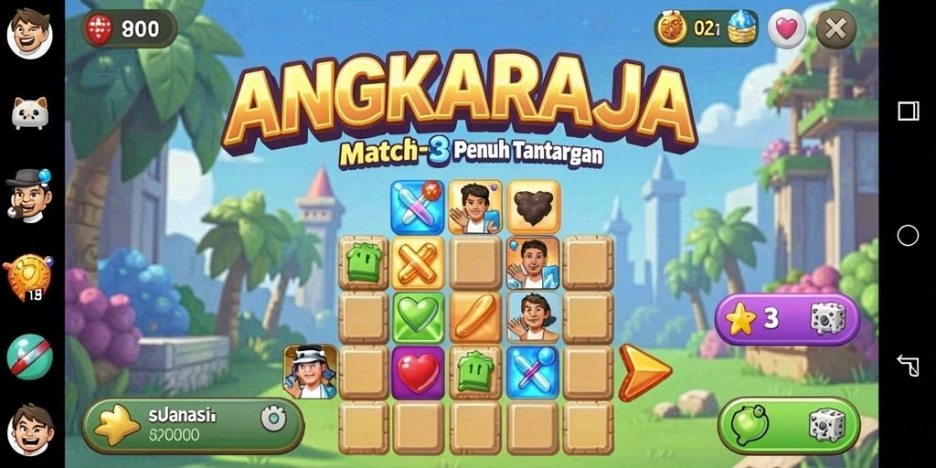 Tampilan gameplay ANGKARAJA dengan elemen Match-3 yang memukau.