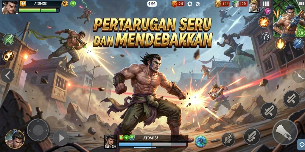 Screenshot gameplay ATOM138 dengan aksi pertarungan yang intens