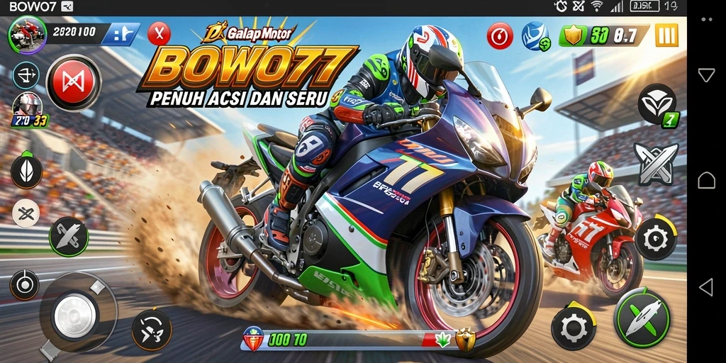 Tangkapan layar gameplay BOWO77 menampilkan aksi balapan motor yang mendebarkan.
