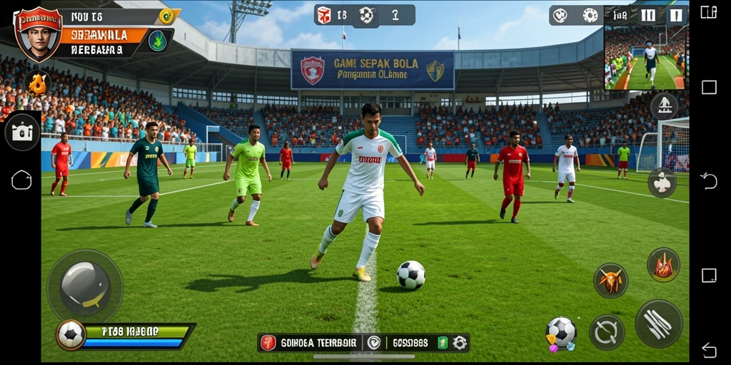 Screenshot gameplay FO8 yang menunjukkan aksi di lapangan sepak bola.