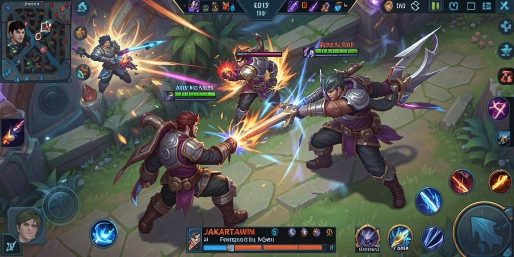 Tampilan gameplay menyerupai pertempuran seru dalam arena MOBA.