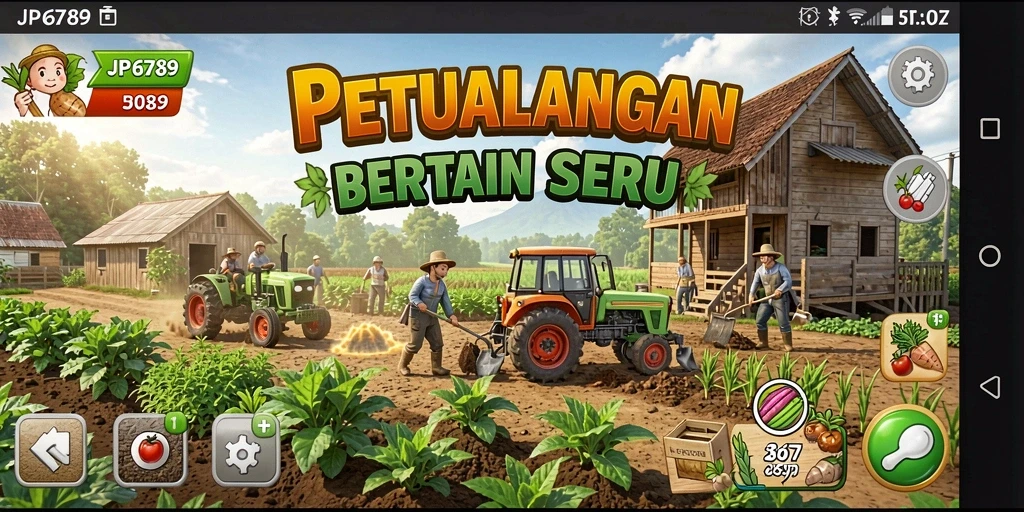 Screenshot JP6789 menampilkan ladang berwarna-warni dengan berbagai tanaman.