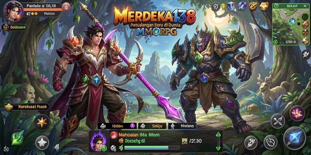 Screenshot gameplay MERDEKA138 yang menunjukkan pertarungan epik di dunia fantasi.