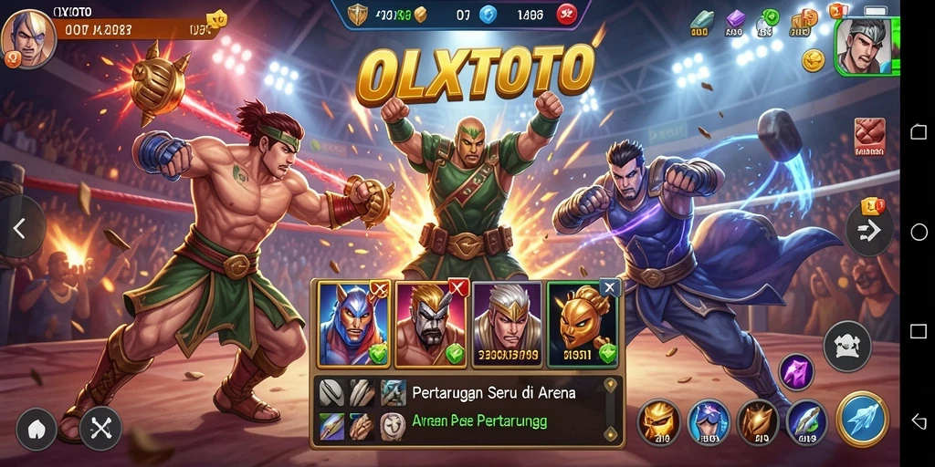 Tangkapan layar gameplay <strong>OLXTOTO</strong> menampilkan pertarungan seru dan karakter unik.