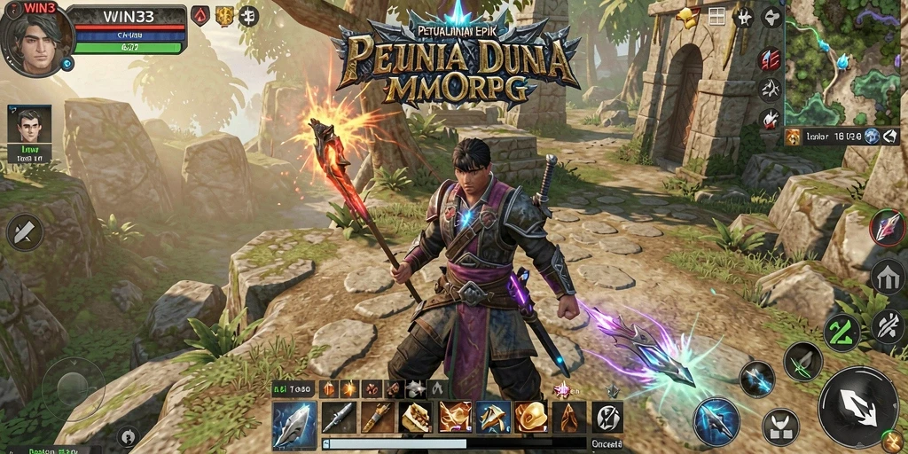 Screenshot utama WIN33 menunjukkan pertarungan seru dalam dunia MMORPG.