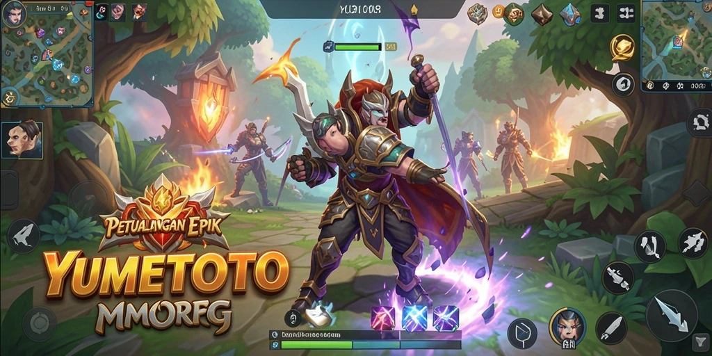 Screenshot gameplay YUMETOTO menampilkan pertarungan epik di dunia MMORPG.